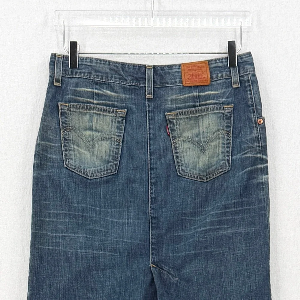 LEVIS Vintage Y2K Denim Skirt Women 28 Blue Pleated Midi Distressed USA Made - Picture 5 of 14